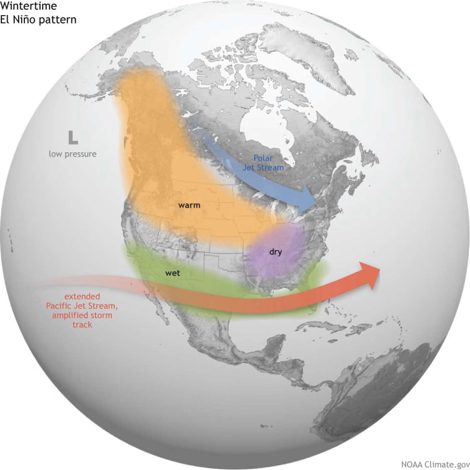 Wintertime El Niño pattern showing Pacific storm track and warmer conditions.